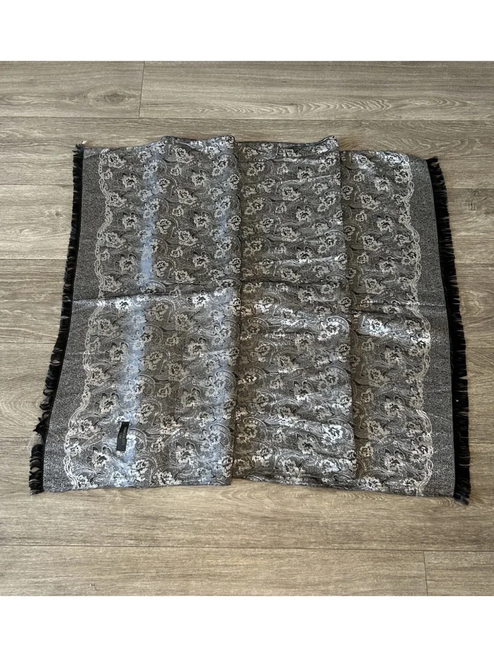 Vintage Thai Silk 100% Silk Shawl Wrap Silver Black Paisley Brocade Fringe 73in
